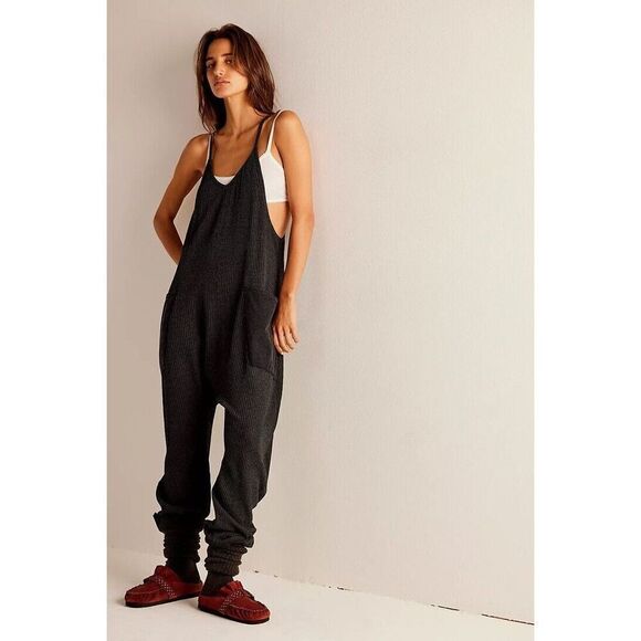 Free People FP One Frankie Jumpsuit Black Waffle Knit XS NEW - Picture 1 of 3